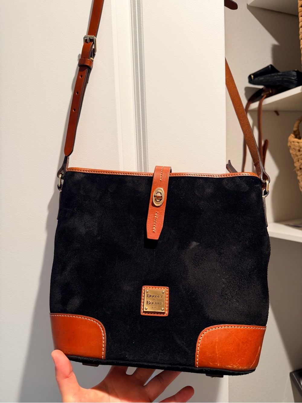 Dooney & Bourke Black Suede with Brown Leather Trim Crossbody